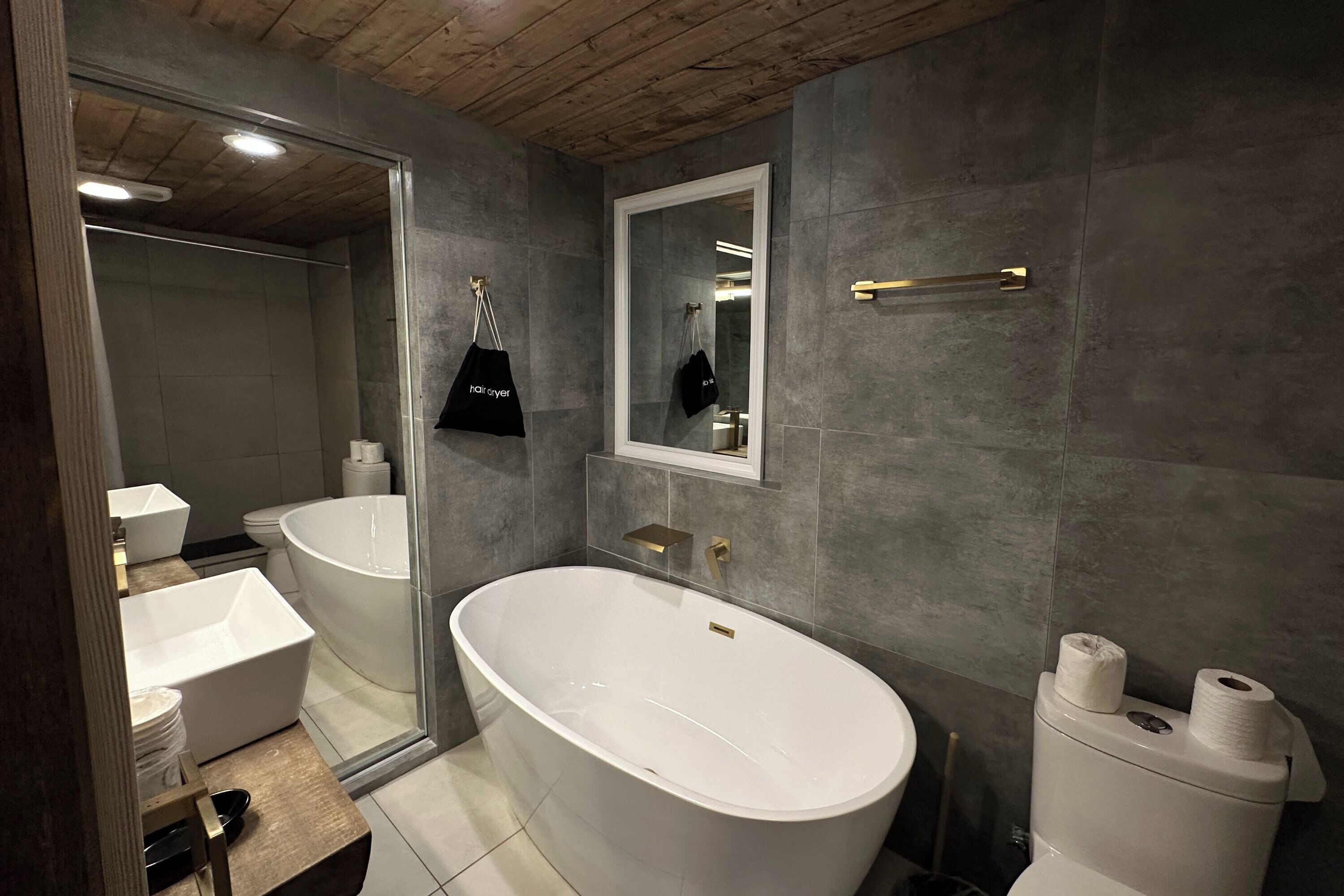 A modern bathroom with a freestanding bathtub, a large mirror, and a toilet.