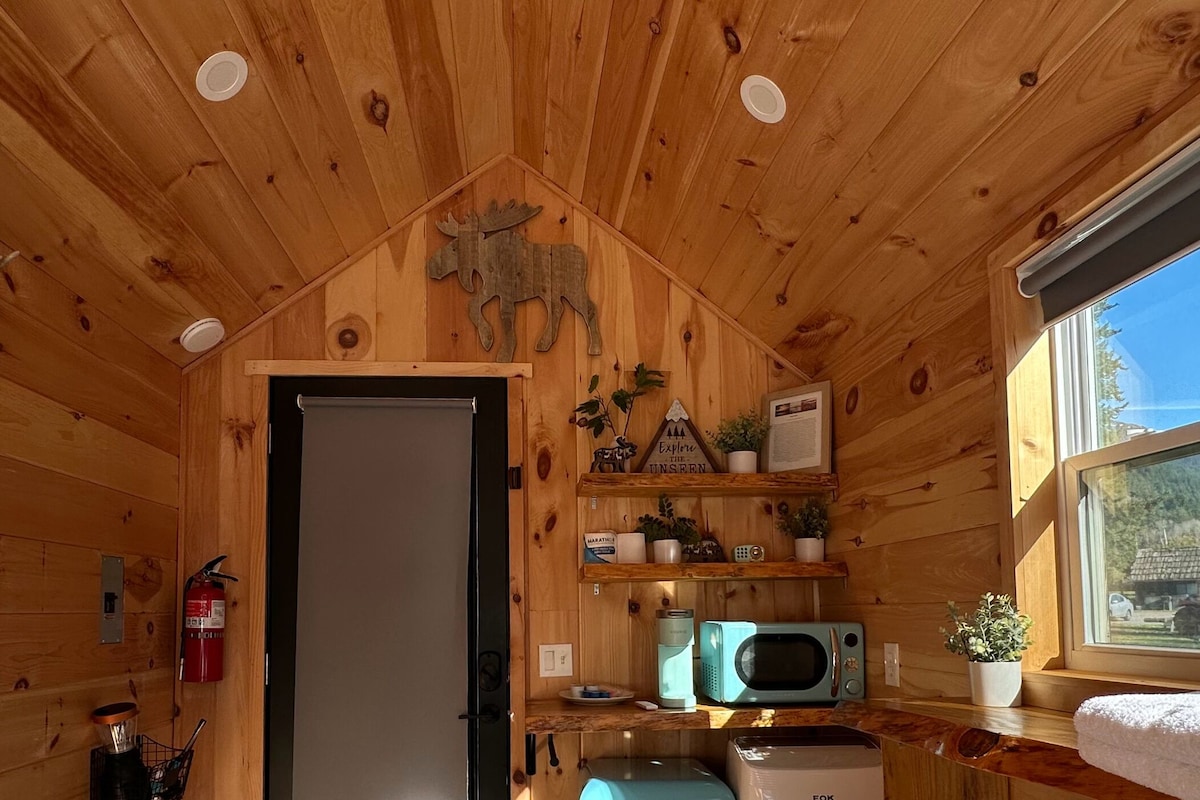 A cozy cabin interior with wooden walls, a mounted moose head, a fire extinguisher, a kitchen area with a microwave, and a window with a view of a mountain and a vehicle.