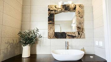 Une salle de bain avec un lavabo blanc, un miroir décoratif et une plante en pot.