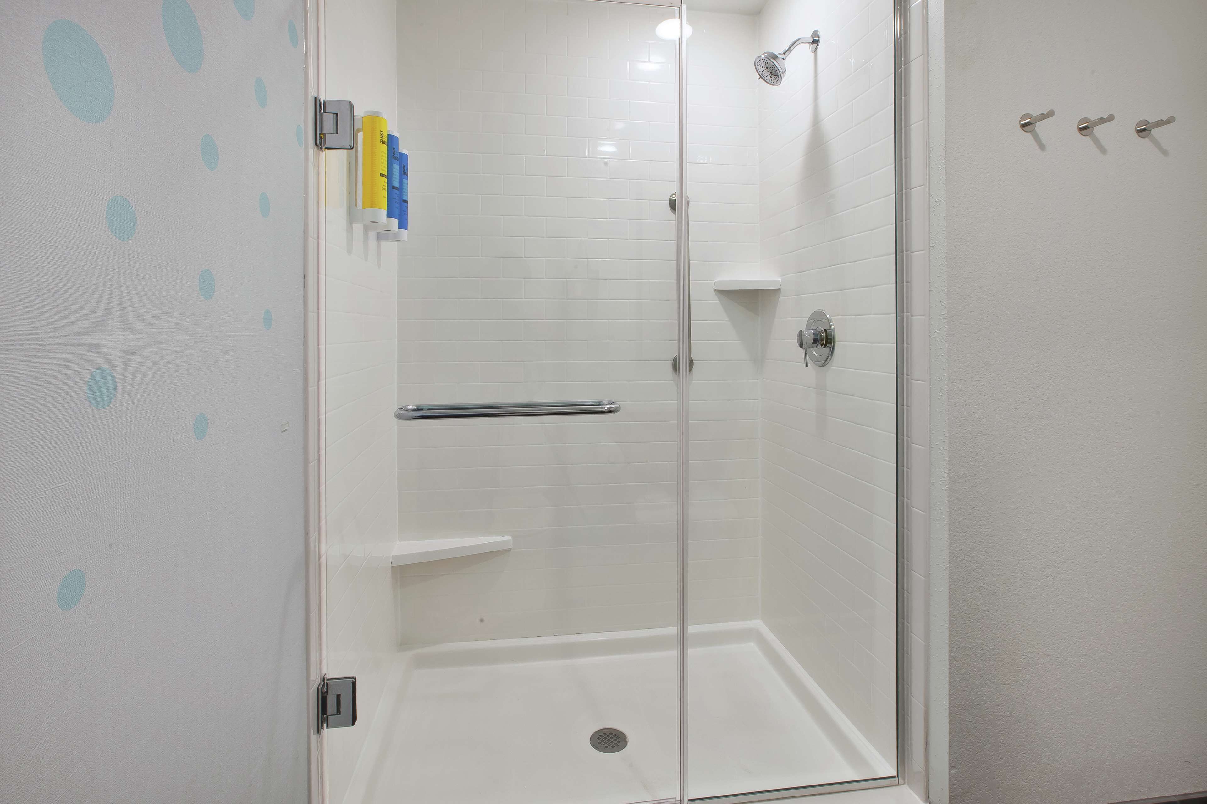 combined shower/bathtub, free toiletries, hair dryer, towels