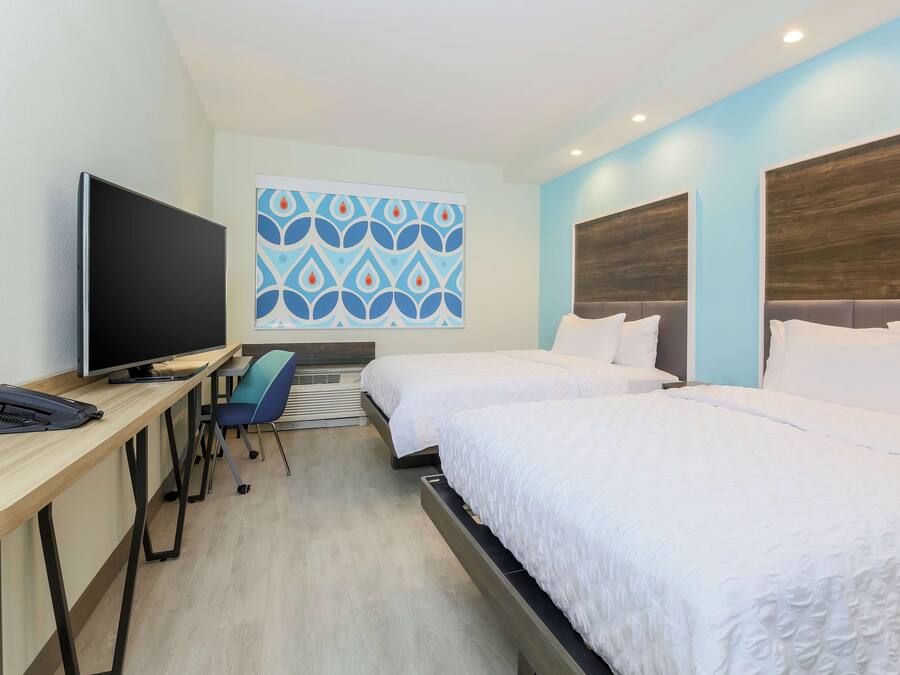 Une chambre d’hôtel avec deux lits, un bureau avec un ordinateur, une télévision et un motif décoratif sur le mur.