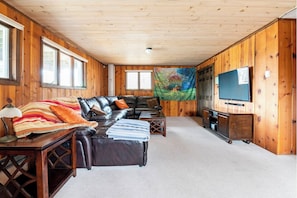 Smart TV, chimenea, reproductor de DVD y libros 