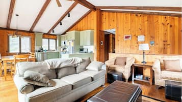 Smart TV, fireplace, DVD player, books