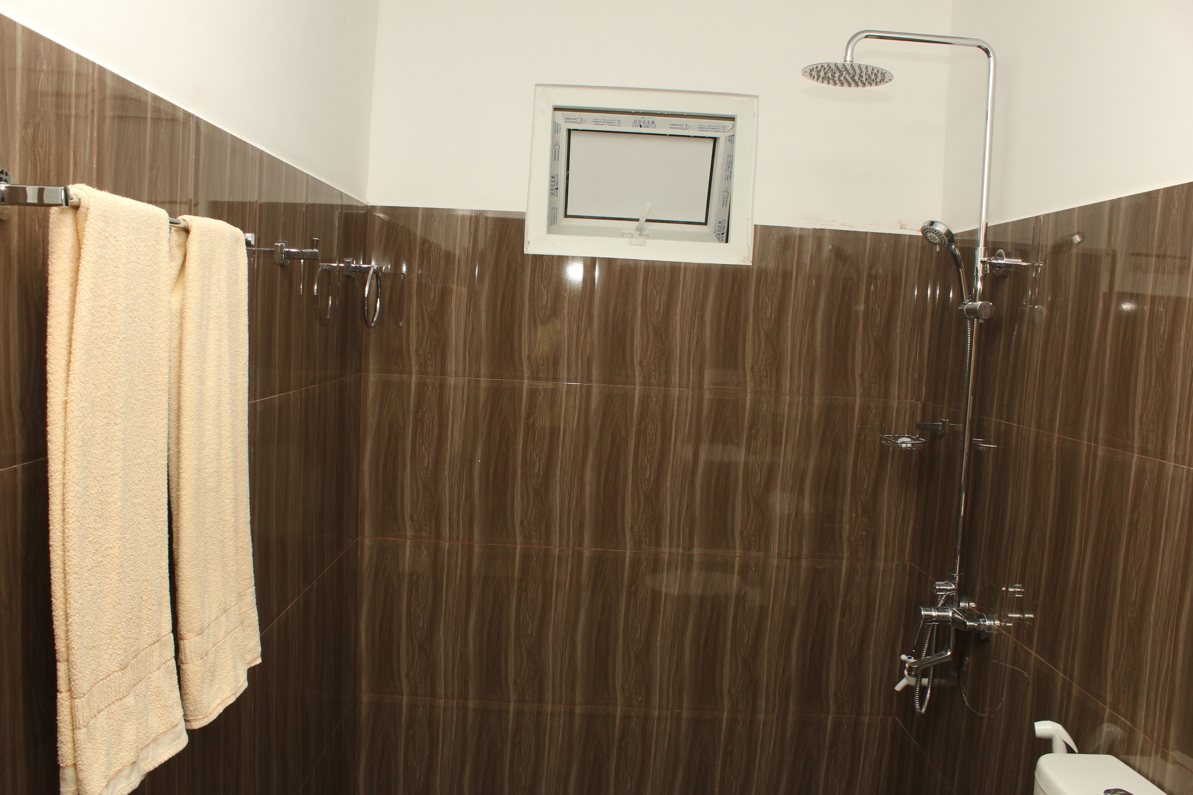 Une salle de bain avec une douche, un porte-serviettes et une fenêtre.
