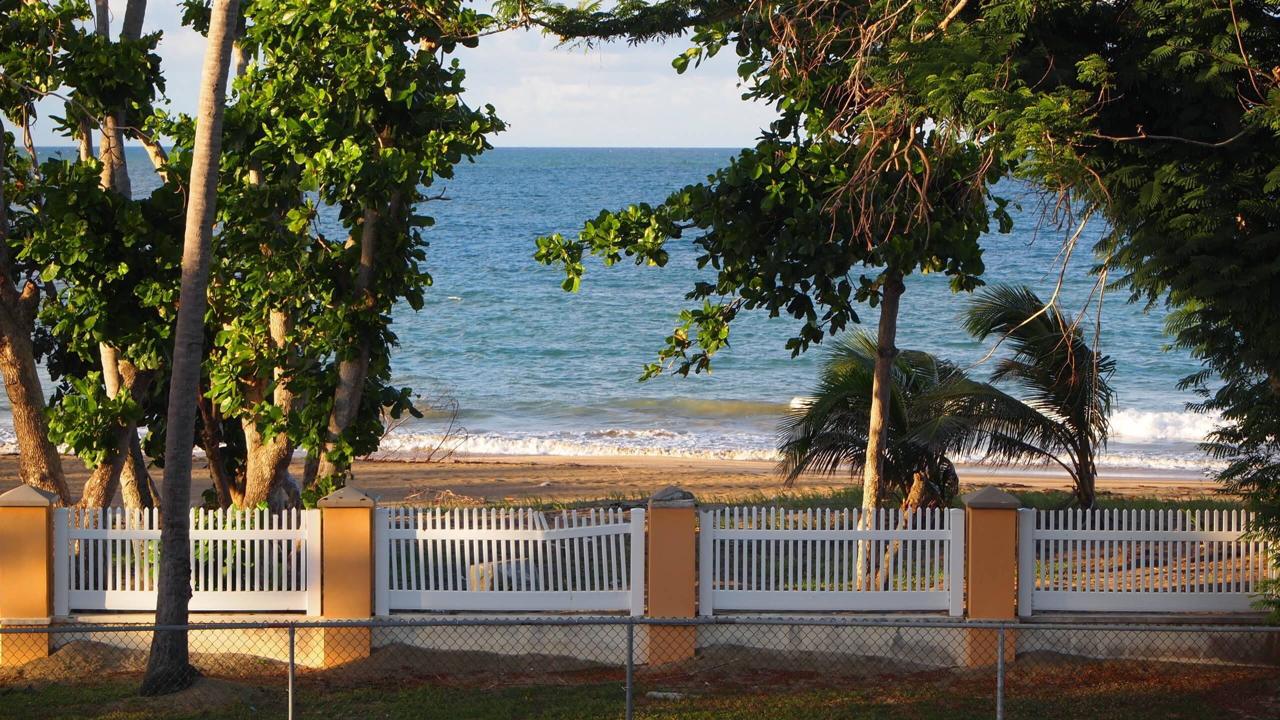 A beach with a white fence and trees in the foreground.