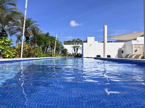 A clear blue swimming pool with lounge chairs and palm trees.
