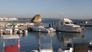 Un puerto deportivo con barcos amarrados, una formación rocosa destacada y cielo despejado.