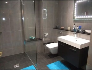 Shower, free toiletries, hair dryer, towels