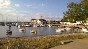 Un puerto deportivo con varias embarcaciones amarradas, un edificio de techo curvo y un cielo despejado.