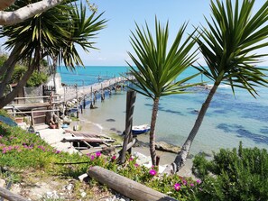 A coastal scene with a wooden pier extending into the sea, surrounded by lush greenery and vibrant flowers.