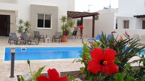Ein Poolbereich mit Liegestühlen, einer Pergola und Topfpflanzen.