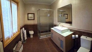 Regadera, secadora de cabello, bidet, toallas 