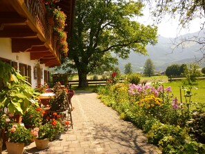 Un sentier de jardin menant à un bâtiment doté d’un balcon en bois et agrémenté de plantes en pot.