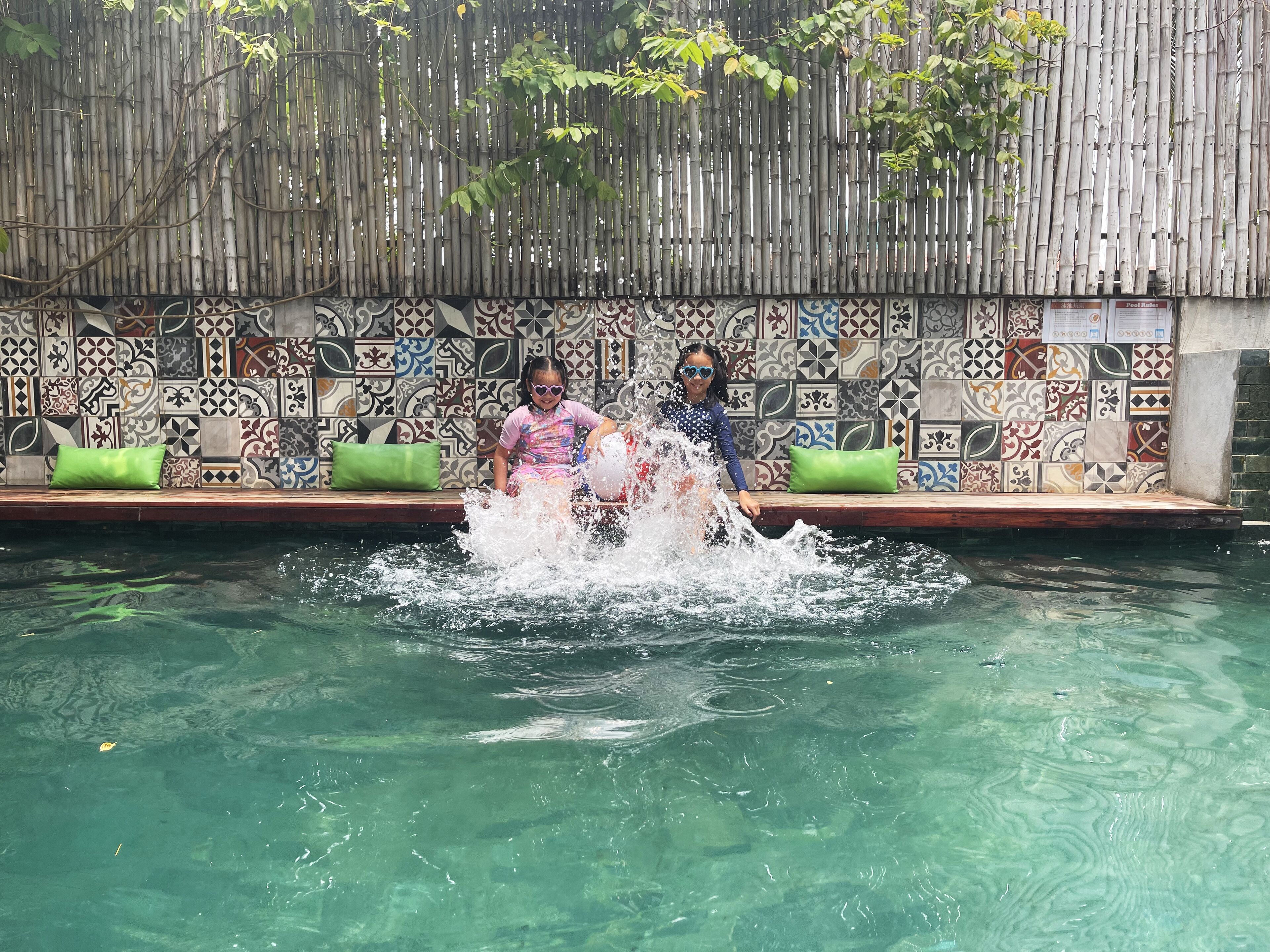 outdoor pool, pool umbrellas, pool loungers