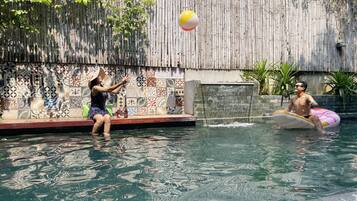 Outdoor pool, pool umbrellas, pool loungers