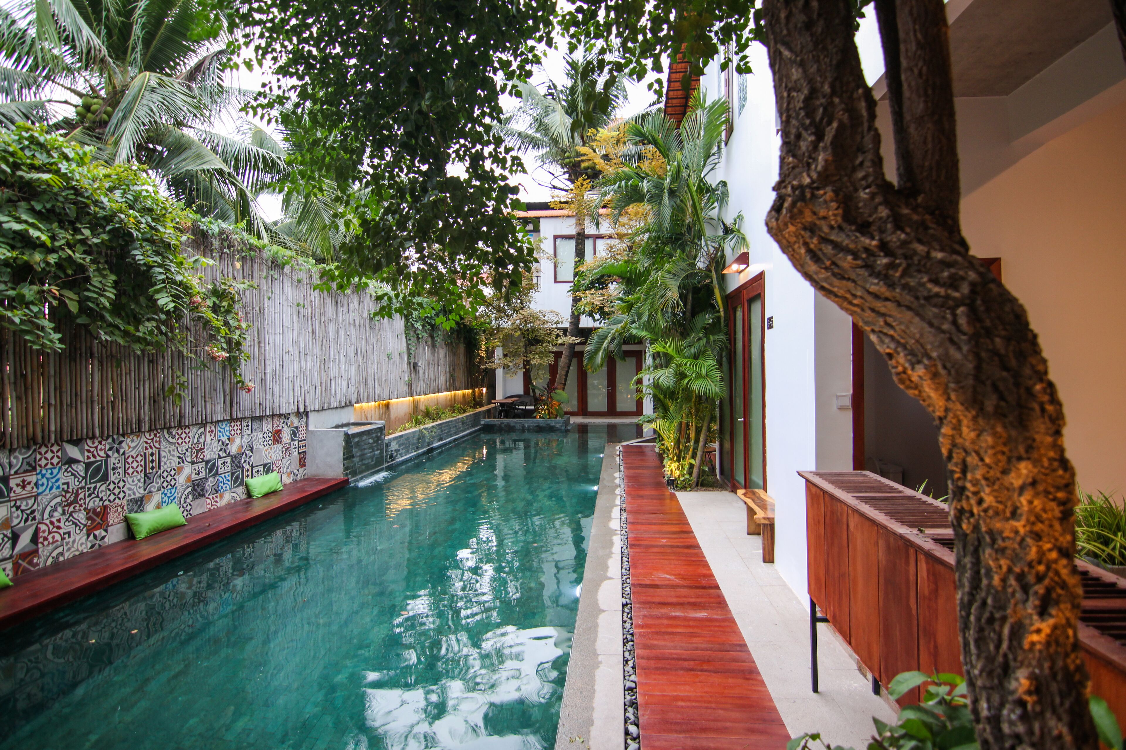 Outdoor pool, pool umbrellas, pool loungers