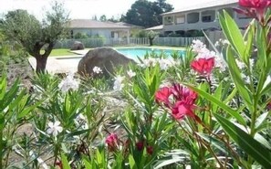 Zona residencial con piscina, una gran roca y plantas en flor.