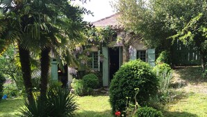 A garden with a variety of plants, a small tree, and a potted plant with red flowers. - House open on the countryside  (Albas)