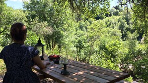 A woman sitting at a wooden picnic table outdoors, surrounded by lush greenery. - House open on the countryside  (Albas)