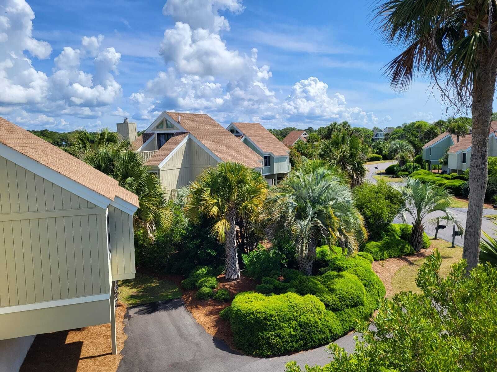 A residential area with houses, palm trees, and well-maintained lawns.