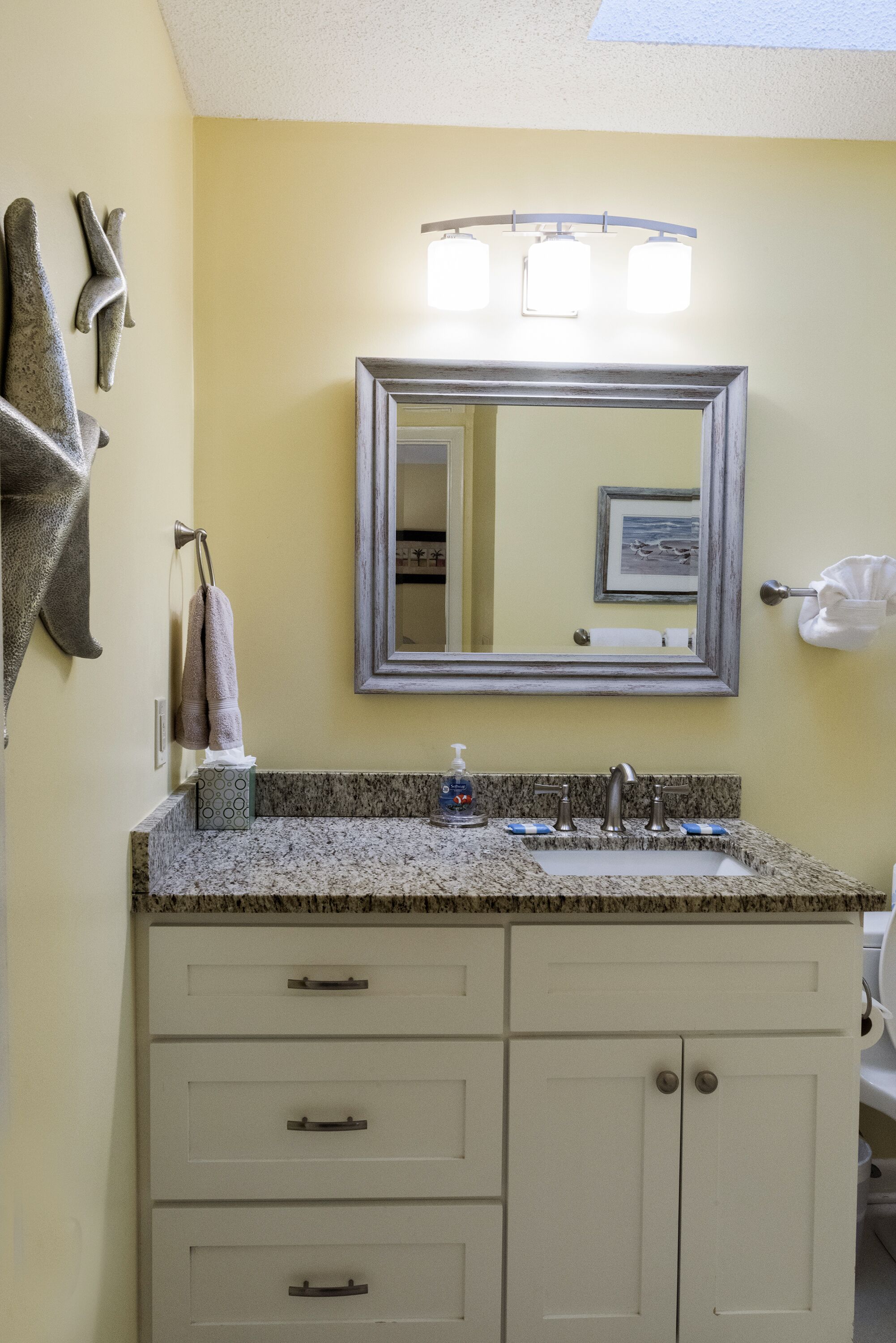 Une salle de bain avec un comptoir en granit, un lavabo, un miroir et un porte-serviettes.