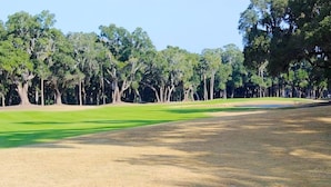 A golf course with a well-maintained fairway, sand bunkers, and a dense line of trees in the background. - Adorable Cottage! Pet Friendly! 3 BR/2 BA w/ Golf Views! Amenity access! (Seabrook Island)