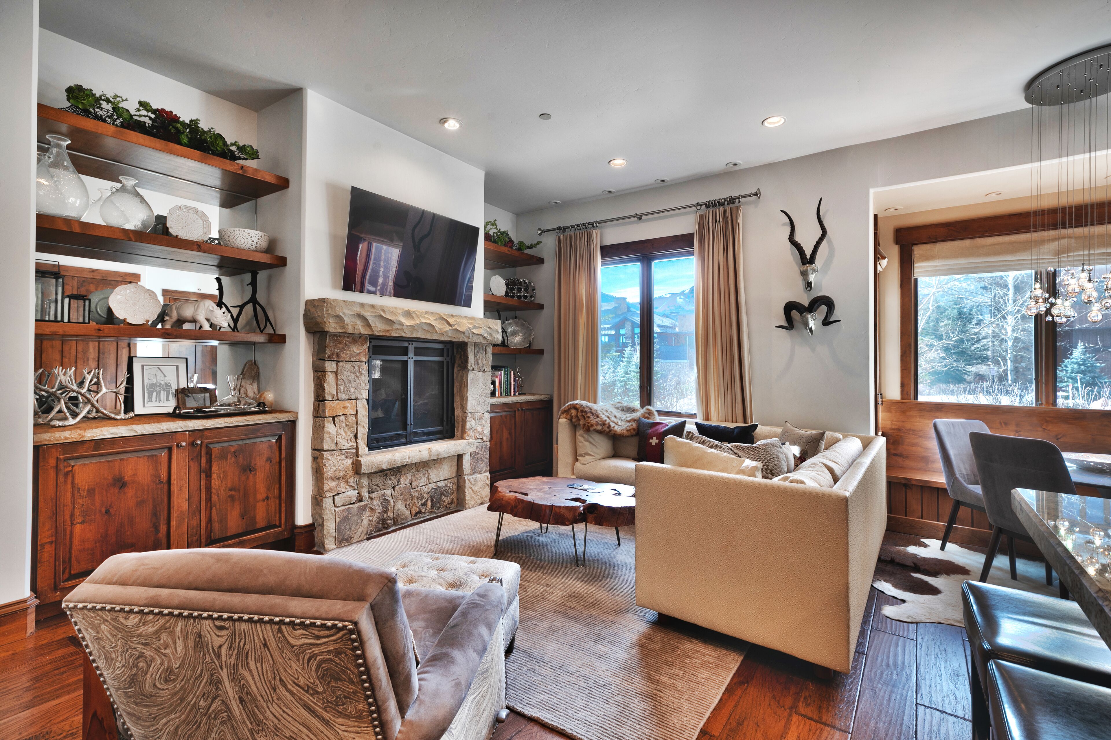 TV, fireplace