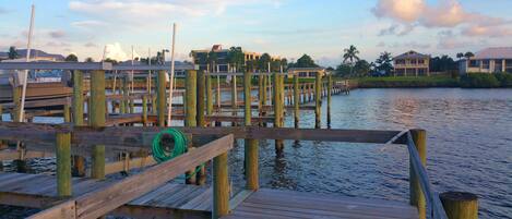 A wooden dock extending into calm water, with a green hose coiled on the dock.