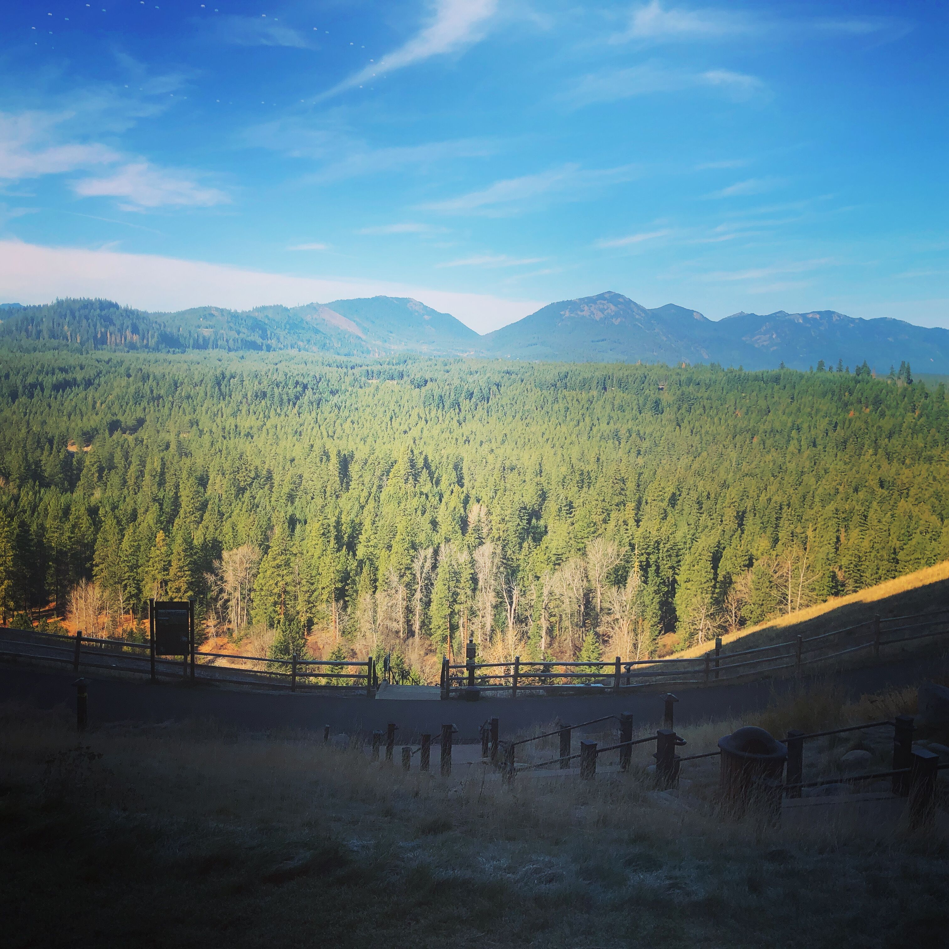 A mountainous landscape with dense forests and a clear sky.