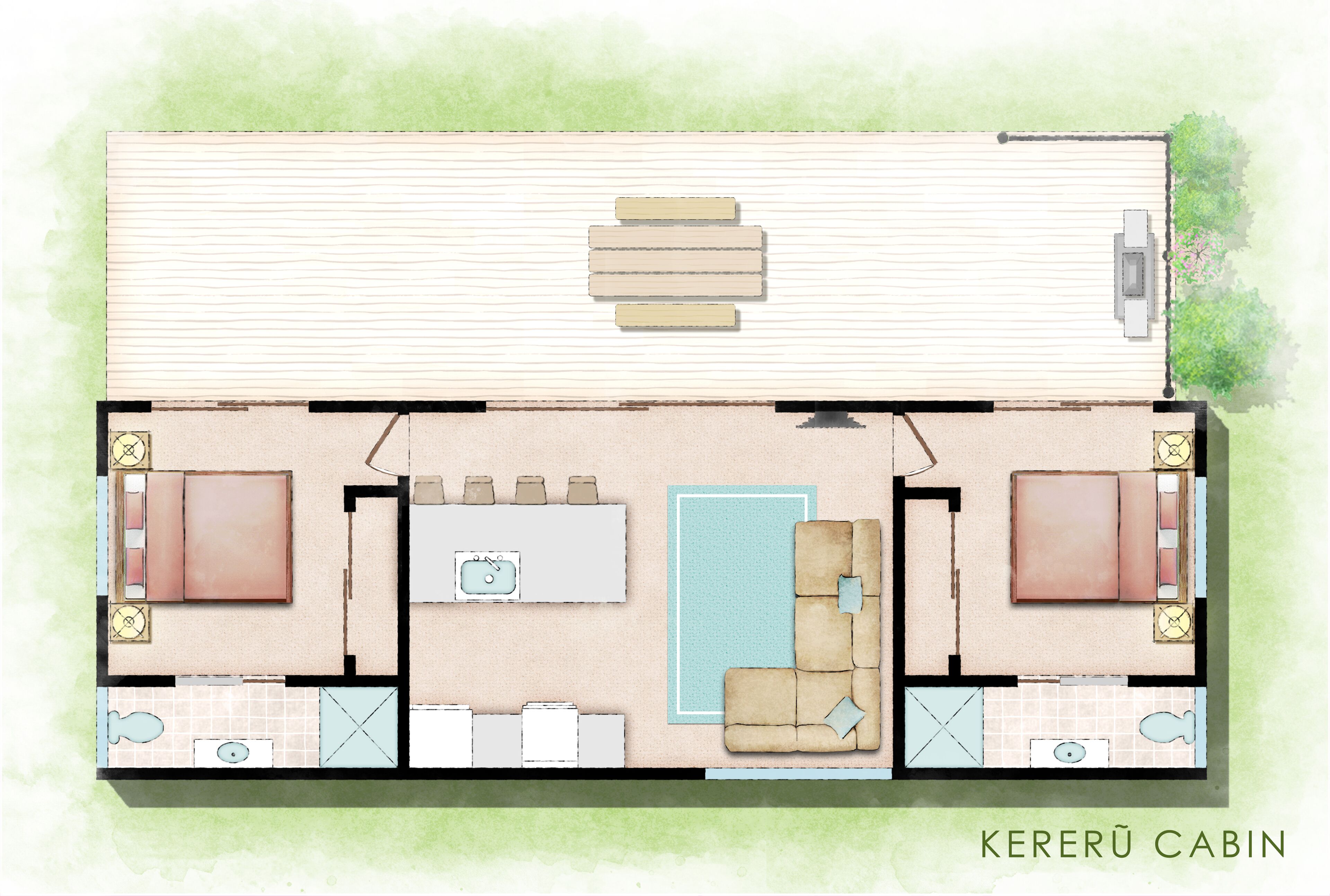 Plano de planta de una cabaña con dos dormitorios, un baño, sala de estar con piscina y cocina.