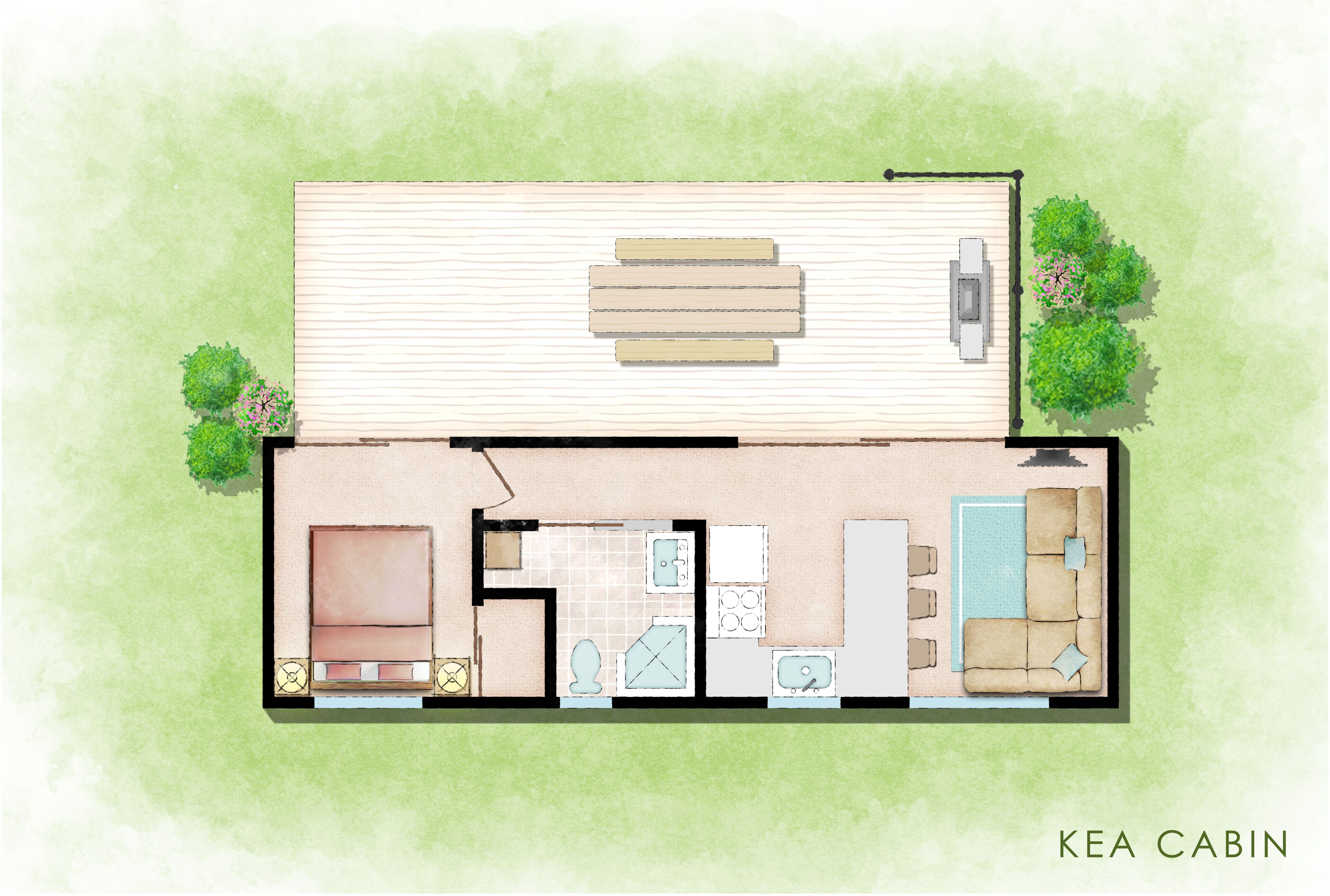 A floor plan of a cabin with a living area, kitchen, bathroom, and a small outdoor seating area.