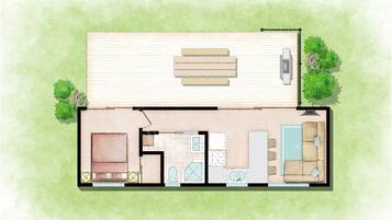 A floor plan of a cabin with a living area, kitchen, bathroom, and a small outdoor seating area.
