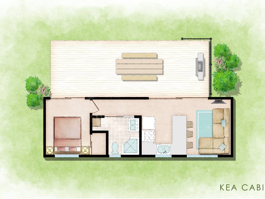 A floor plan of a cabin with a living area, kitchen, bathroom, and a small outdoor seating area.