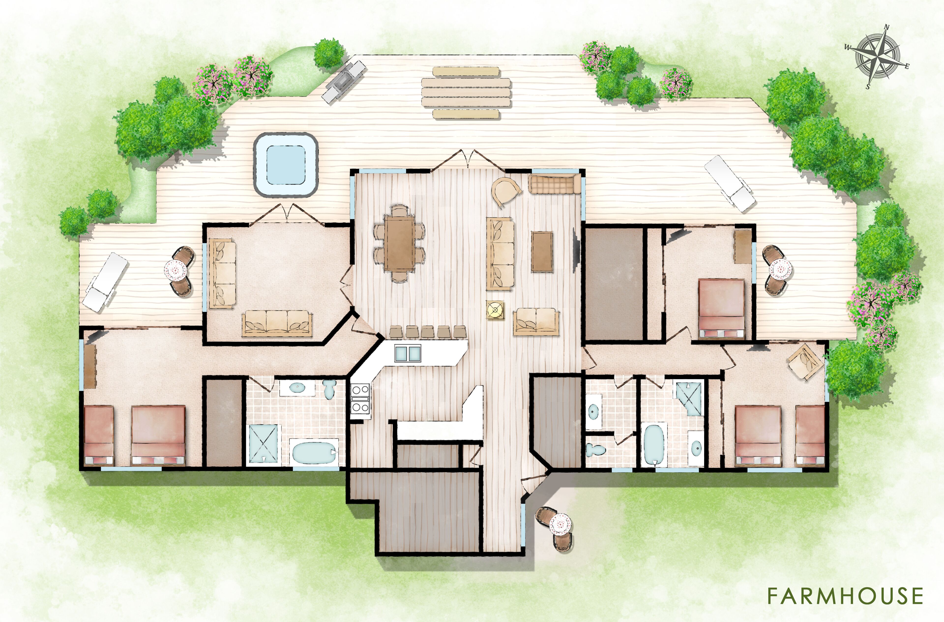 A farmhouse with a central open-plan living area, a dining room, kitchen, two bedrooms, a bathroom, and a small outdoor seating area.