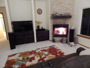 Smart TV, fireplace, DVD player, books