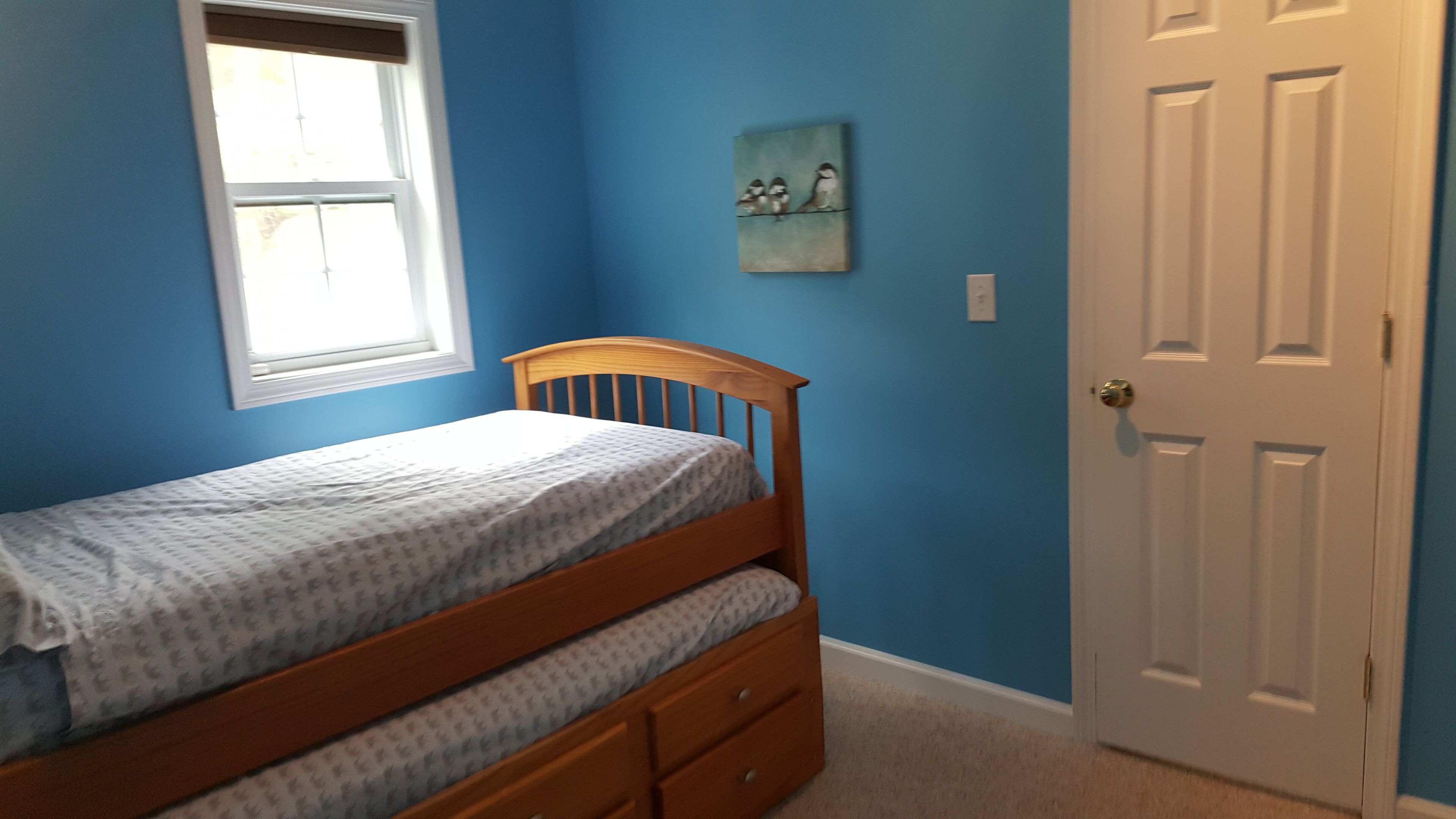 Een slaapkamer met een enkel bed, een raam, een deur en een kunstwerk aan de muur.