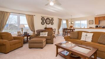 Smart TV, fireplace, video games, DVD player