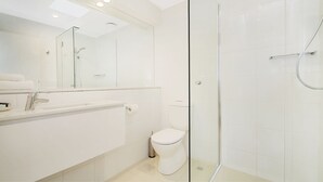 A modern bathroom with a glass shower enclosure, a white toilet, and a vanity with a mirror. - Kananda (Noosa Heads)
