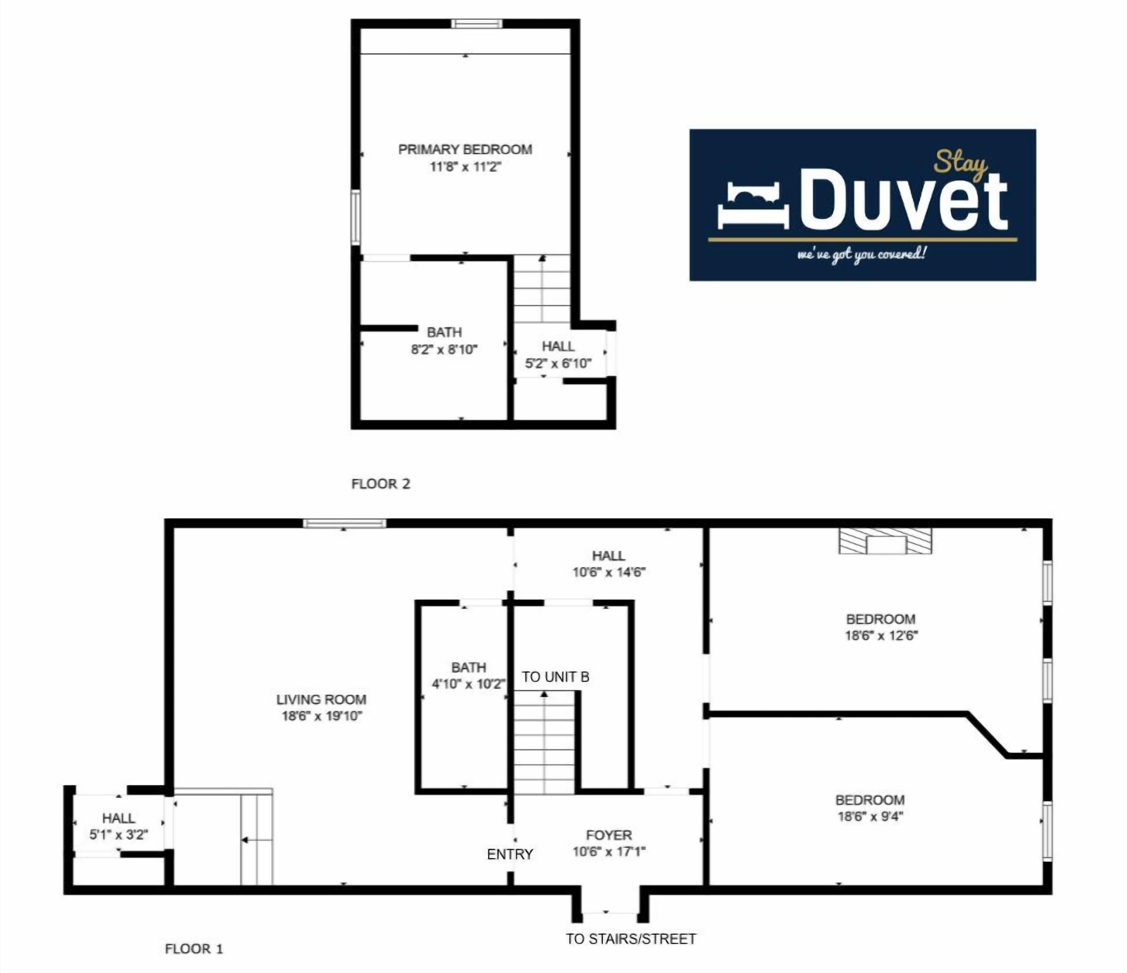 Un plan d’étage d’un immeuble à deux étages comprenant une chambre principale, un salon, un couloir et un hall d’entrée.