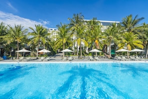 Outdoor pool, pool umbrellas, pool loungers