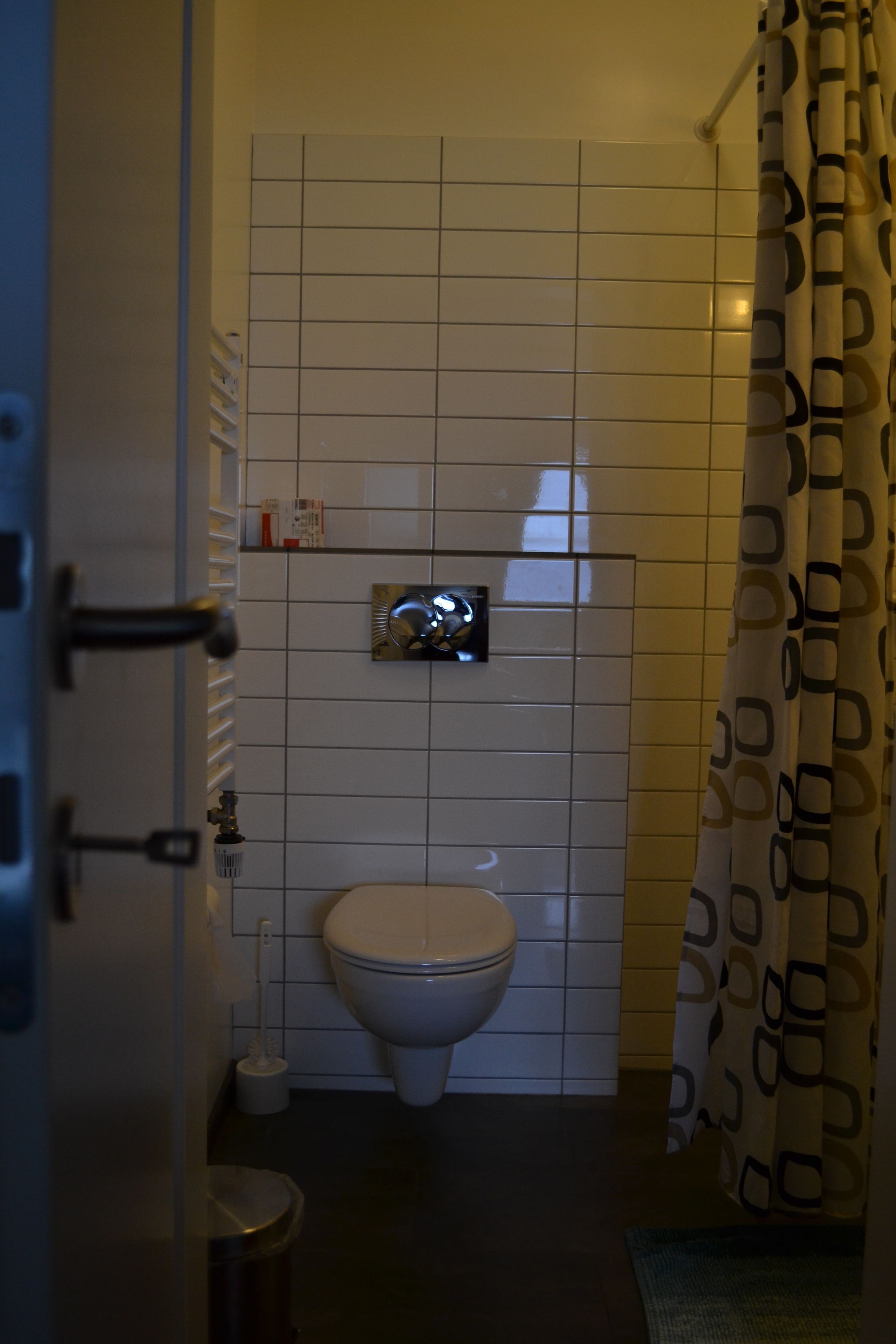 Une salle de bain avec des toilettes, un miroir et un rideau de douche.