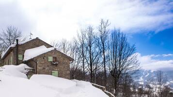 Ein Steinhaus mit schneebedecktem Dach und Fenstern, umgeben von kahl stehenden Bäumen und einer verschneiten Landschaft.