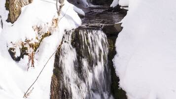 Een met sneeuw bedekte waterval in een bebost gebied, met een houten brug erover.