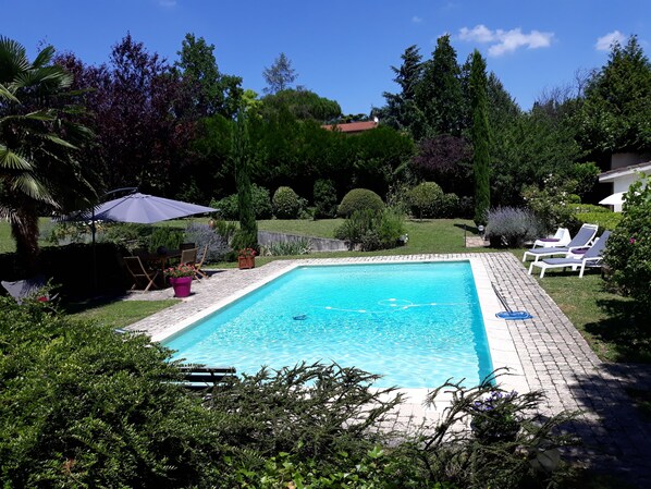 Seasonal outdoor pool, pool umbrellas, pool loungers
