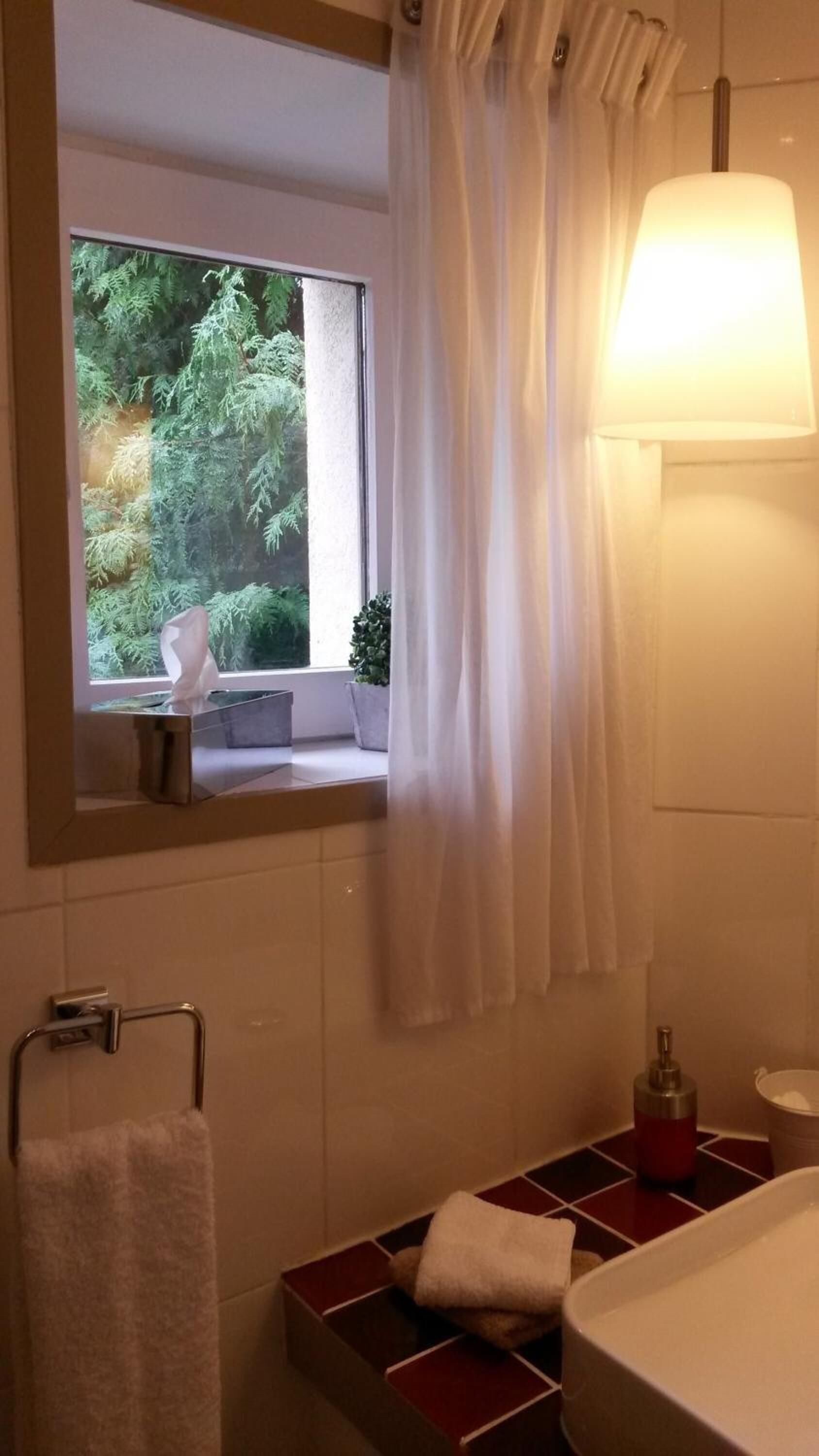 Een badkamer met een raam, douchegordijn, handdoekhouder en wastafel.