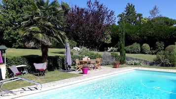 Seasonal outdoor pool, pool umbrellas, pool loungers
