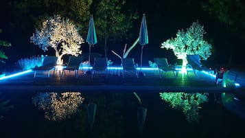 Seasonal outdoor pool, pool umbrellas, pool loungers