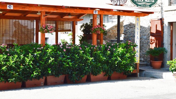 Un hôtel appelé « Antica Marina », doté d’une pergola en bois, de plantes en pot et d’un panneau indiquant la présence d’une connexion Wi-Fi.