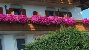 A building with balconies adorned with vibrant pink flowers and green foliage. - Hotel Oberhofer (Rio di Pusteria)