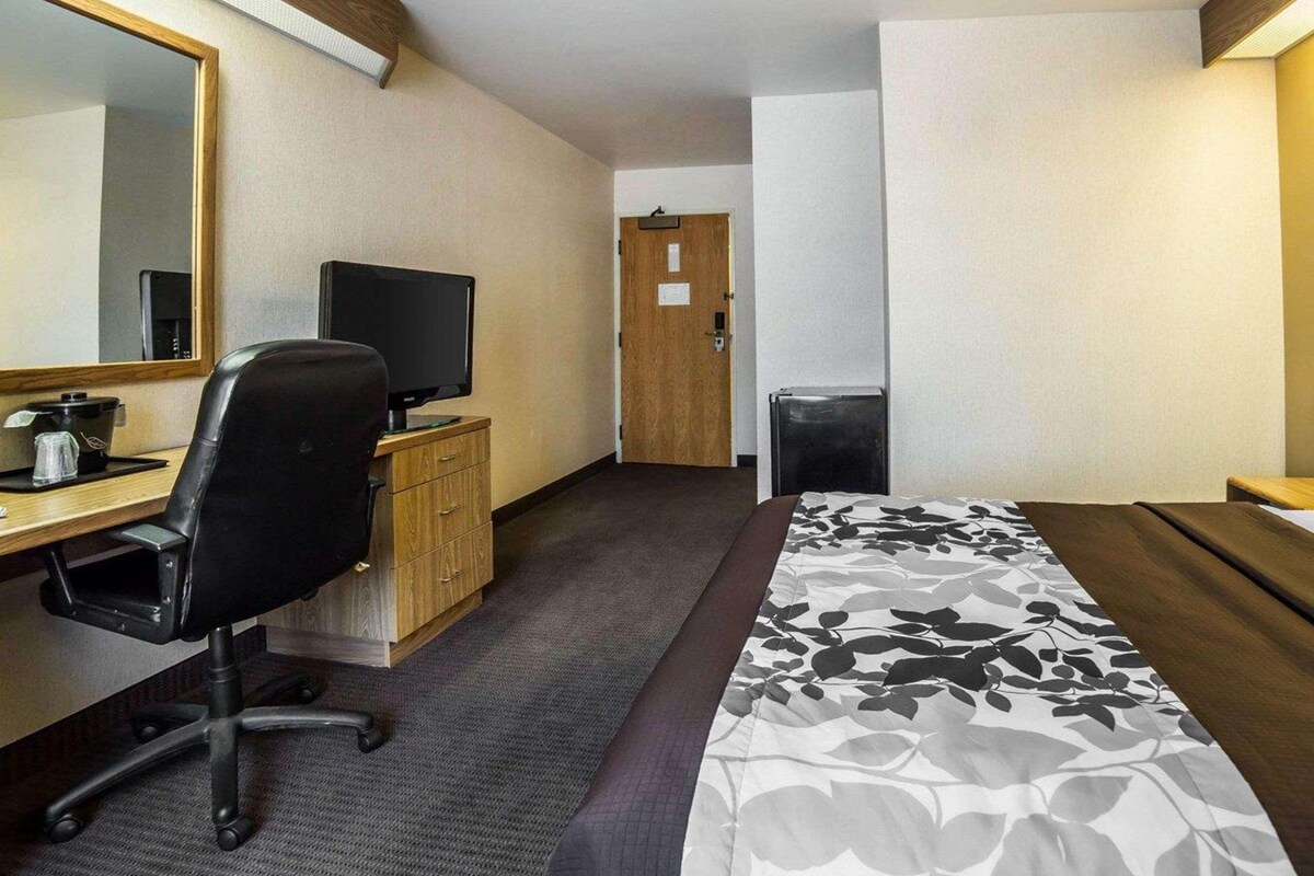 A hotel room with a bed, a desk with a computer, a chair, a mirror, a door, and a small trash bin.